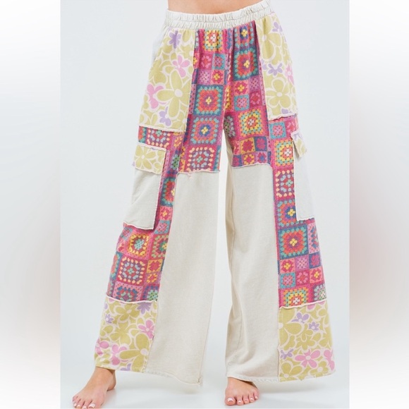 New Boutique Mineral Washed BOHO Crochet Floral Printed Pants So Fun! - Picture 2 of 7